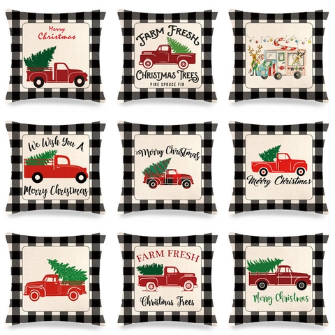 Fodera Per Cuscino Natalizio Lino Buffalo Plaid Camion Rosso Albero Decor Divano Casa Quadrata