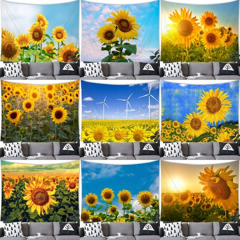 Sunflower Tapestry Wall Hanging Polyester Fabric Nature Scenery Blue Sky Sunflowers Home Decor Aesthetic Mediterranean Style