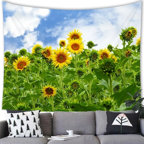 Sunflower Tapestry Wall Hanging Polyester Fabric Nature Scenery Blue Sky Sunflowers Home Decor Aesthetic Mediterranean Style