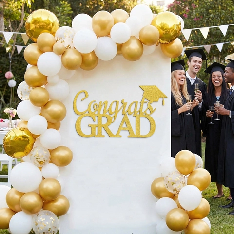 Congrats GRAD Glitter Graduation Party Wall Stickers Gold Non-woven Fabric Graduation Cap Decoration Backdrop Props For Celebration