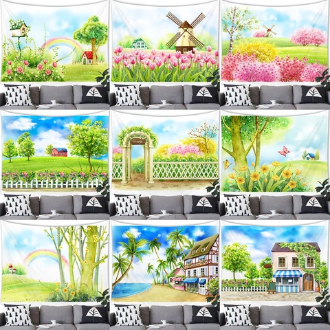 Pastoral Landscape Wall Tapestry Polyester Hanging Blanket For Living Room Bedroom Decor 3D Printed Watercolor Garden