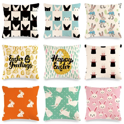 Easter Bunny Linen Throw Pillow Case Square Digital Print Rabbit Decorative Cushion Cover For Sofa Home Decor Office