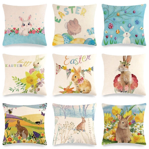 Taie d'Oreiller en Lin Dessin Animé de Pâques Housse de Coussin Décorative Carrée Lapin Floral Œufs de Pâques Imprimé Décoration Maison