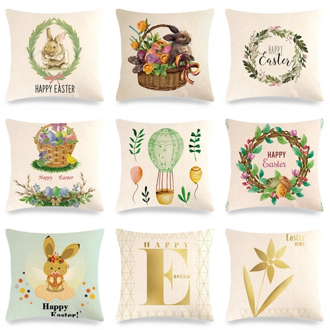 Easter Linen Throw Pillow Case Cartoon Bunny Egg Print Decorative Cushion Cover For Sofa Couch Home Decor Holiday Gift