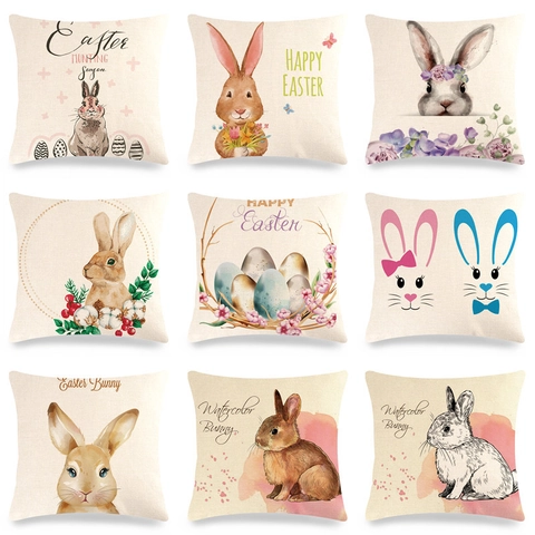 Easter Bunny Egg Linen Pillowcase Cushion Cover Watercolor Rabbit Floral Design For Sofa Living Room Home Decor