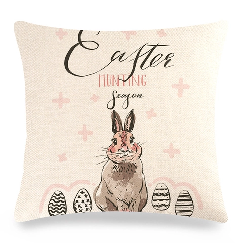 Easter Bunny Egg Linen Pillowcase Cushion Cover Watercolor Rabbit Floral Design For Sofa Living Room Home Decor