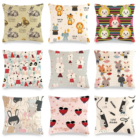 Taie d'Oreiller en Lin Joyeuses Pâques Décorative Cartoon Lapin Oeufs Fleurs Imprimé Carrée Housse de Coussin pour Canapé Décoration Maison