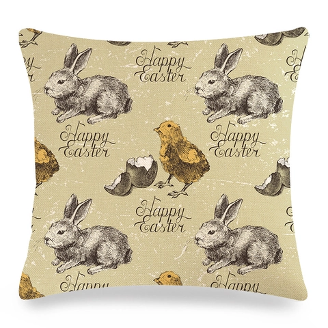 Taie d'Oreiller en Lin Joyeuses Pâques Décorative Cartoon Lapin Oeufs Fleurs Imprimé Carrée Housse de Coussin pour Canapé Décoration Maison