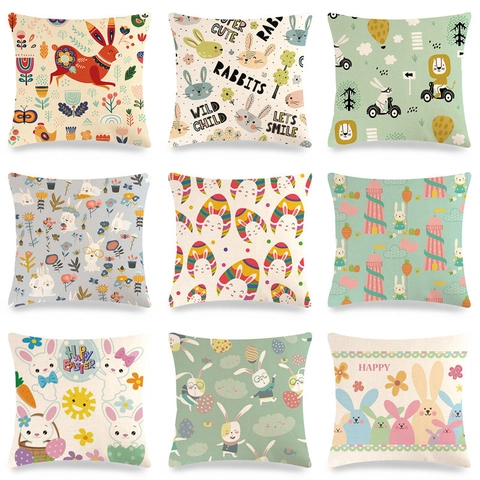 Ostern Hase Kaninchen Leinen Kissenhülle Dekorativer Kissenbezug Für Zuhause Sofa Bett Wohnzimmer Nordisches Cartoon-Muster