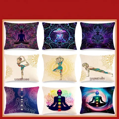 Mandala Yoga Meditation Pattern Linen Throw Pillow Cover Spiritual Chakra Lotus Cushion Case For Sofa Home Decor Square