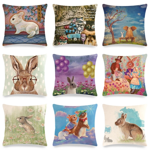 Easter Pastoral Rabbit Linen Pillowcase Vintage Cartoon Animal Cushion Cover For Sofa Living Room Bed Home Decorative Pillow Cover