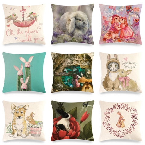 Fodera per Cuscino in Lino Con Coniglio di Pasqua Decorativa Animale Cartone Animato Copricuscino per Divano Soggiorno Casa Quadrata