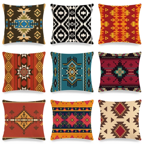 Seamless Geometric Theme Linen Pillowcase Bohemian Tribal Ethnic Pattern Cushion Cover Square Decorative Throw Pillow Case For Sofa Home Decor