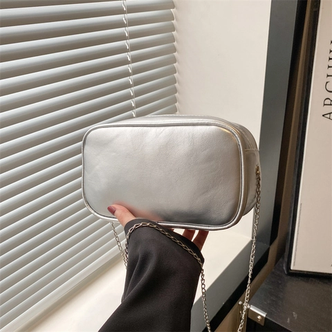 Women Stylish PU Leather Makeup Bag Large Capacity Mini Toiletry Bag Chain Shoulder Crossbody Bag Letter Print Square Bag