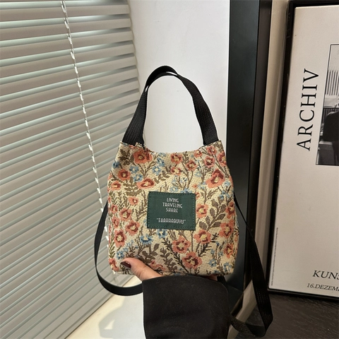 Damen Mini Nylon Eimer Tasche Vintage Blumen Schmetterling Druck Kleine Schulter Umhängetasche Mit Webetikett Trendige Alltagstasche