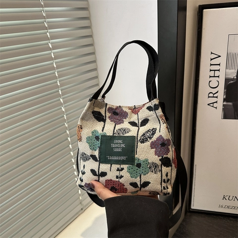 Vintage Jacquard Mini Tote Bag Floral Butterfly Pattern Canvas Bucket Bag Small Shoulder Handbag With Adjustable Strap For Women