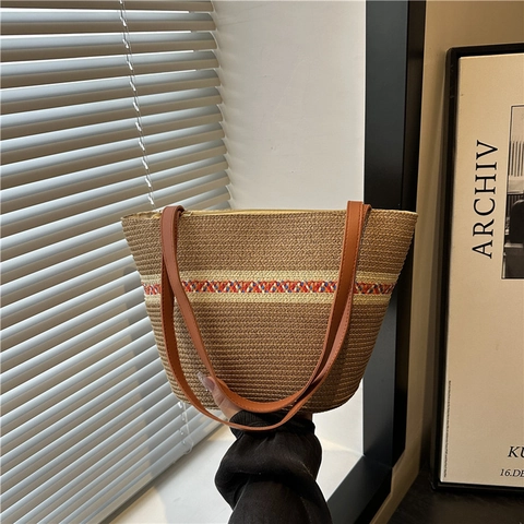 Dames Stro Tote Tas Handgeweven Strandvakantie Schoudertas Grote Capaciteit Zomer Reizen Casual Etnische Strepen Handtas