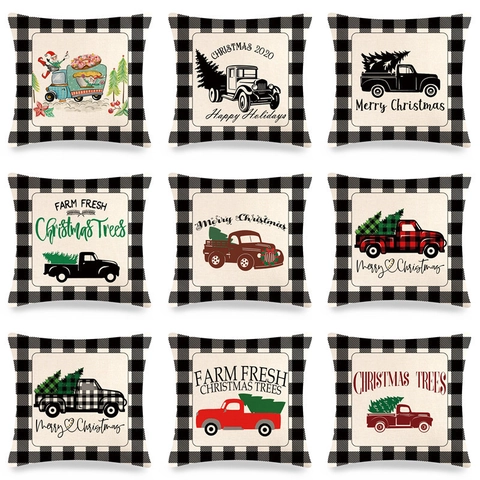 Kerst Kussensloop Linnen Vintage Vrachtwagen Kerstboom Geblokt Decoratieve Kussenhoes