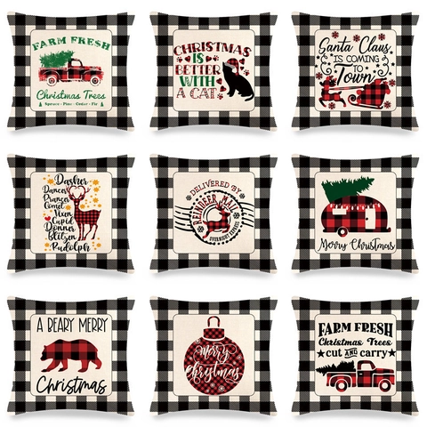 Funda de Almohada de Lino con Cuadros Buffalo de Navidad Camión Rojo Reno Funda de Cojín Decorativa para Decoración de Navidad