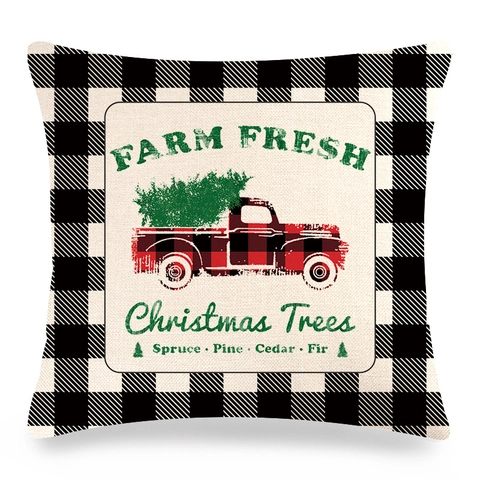 Funda de Almohada de Lino con Cuadros Buffalo de Navidad Camión Rojo Reno Funda de Cojín Decorativa para Decoración de Navidad