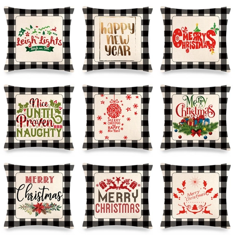 Funda de Almohada de Navidad de Lino a Cuadros Buffalo Funda de Cojín Merry Christmas Estampado Letras Cuadrada Decorativa para Sofá Hogar