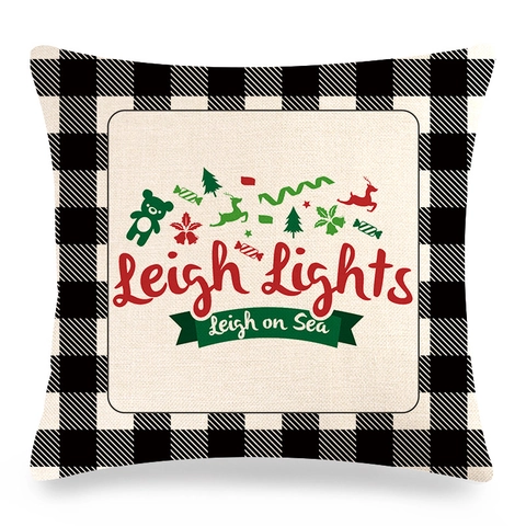 Funda de Almohada de Navidad de Lino a Cuadros Buffalo Funda de Cojín Merry Christmas Estampado Letras Cuadrada Decorativa para Sofá Hogar