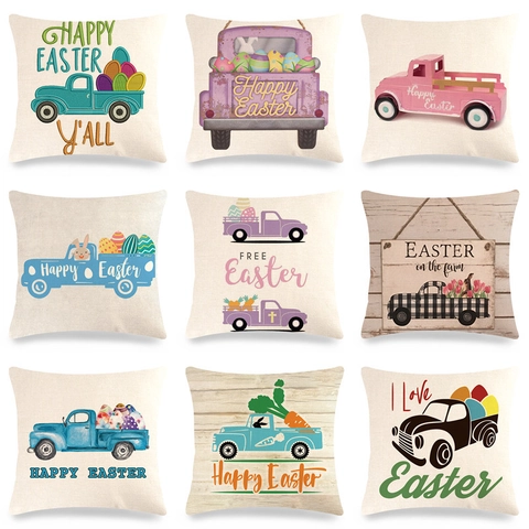 Pasen Kussenhoes Linnen Retro Pickup Truck Konijn Eieren Print Decoratieve Vierkante Kussensloop Voor Sofa Bank