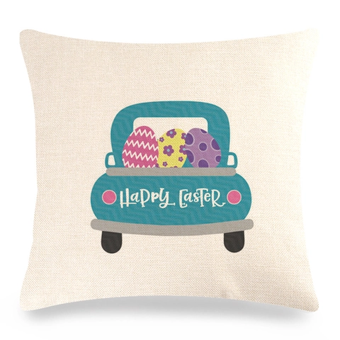 Pasen Kussenhoes Linnen Retro Pickup Truck Konijn Eieren Print Decoratieve Vierkante Kussensloop Voor Sofa Bank