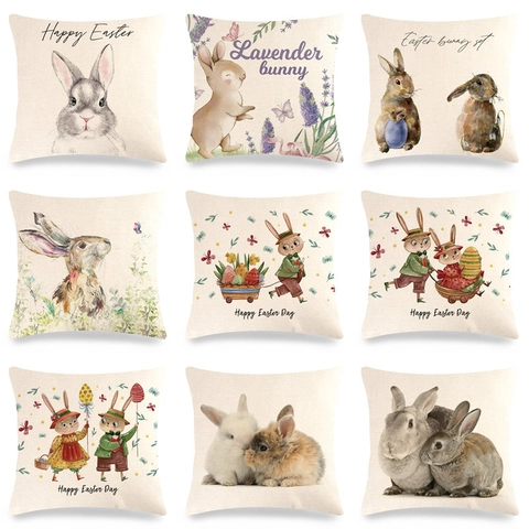 Pasen Konijn Linnen Kussenhoes Decoratieve Aquarel Konijn Bloemen Kussenhoes Voor Sofa Thuis Decor Vakantie Accessoire