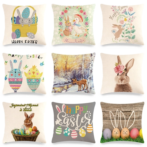 Easter Bunny Linen Pillowcase Decorative Square Throw Cushion Cover For Sofa Living Room Bedroom Holiday Home Decor