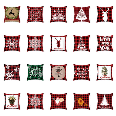 Christmas Buffalo Plaid Throw Pillowcase Peach Skin Polyester Reindeer Tree Snowflake Pattern Cushion Cover For Sofa Decor