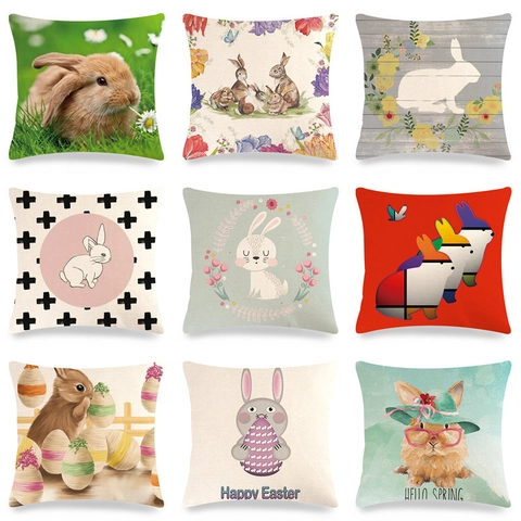 Paashaas Kussenhoes Linnen Konijn Bloemenprint Decoratieve Vierkante Kussensloop Home Sofa Decoratie