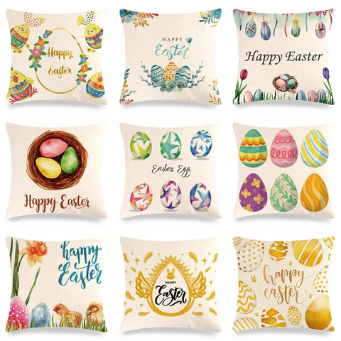 Taie d'Oreiller en Lin Joyeuses Pâques Dessin Animé Lapin Fleur Housse de Coussin Carrée Décorative Pour Canapé Salon Décoration Maison