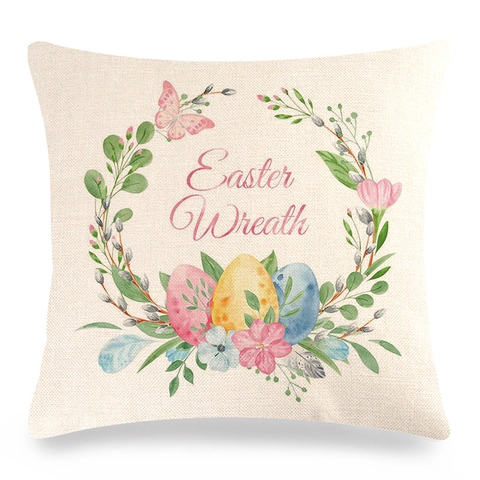 Taie d'Oreiller en Lin Joyeuses Pâques Dessin Animé Lapin Fleur Housse de Coussin Carrée Décorative Pour Canapé Salon Décoration Maison
