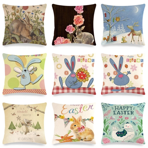 Paashaas Konijn Bloem Linnen Kussensloop Kussenhoes Pastoraal Cartoon Feestelijk Huis Sofa Slaapkamer Decor