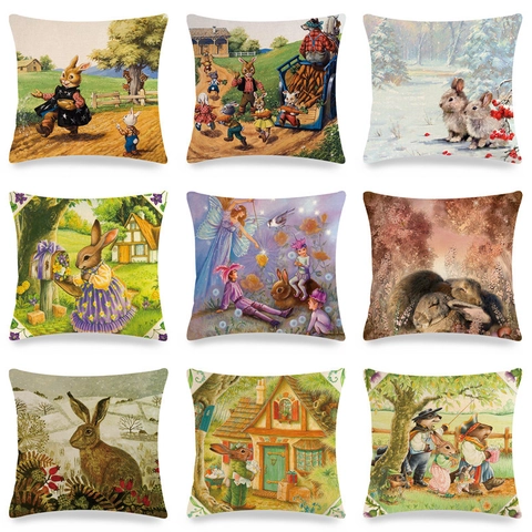 Kissenbezug Vintage Märchen Osterhase Leinen Quadratischer Kissenhülle Für Sofa Dekoration Pastorale Kaninchen