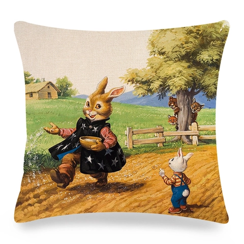Kissenbezug Vintage Märchen Osterhase Leinen Quadratischer Kissenhülle Für Sofa Dekoration Pastorale Kaninchen