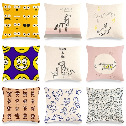 Kissenbezug Im Nordischen Stil Aus Leinen Polyester Cartoon Tier Lächelndes Gesicht Dekorativer Kissenbezug Für Sofa Auto
