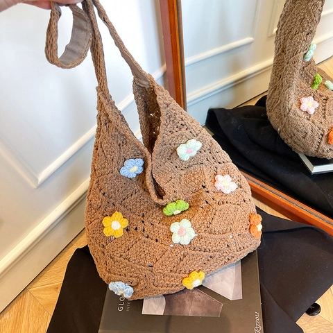 Handmade Knitted Hollow Tote Bag For Women Bohemian Crochet Shoulder Bag With Colorful 3D Flower Accents Summer Beach Vacation Travel Handbag