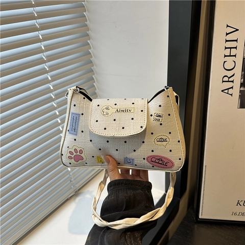 Bolso de Hombro de Moda con Lunares para Mujer Cuero PU con Lindos Parches de Dibujos Animados Bolso Bandolera Pequeño Casual