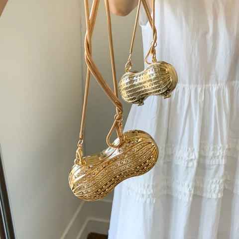 Kreative Erdnussförmige Mini Umhängetasche Für Damen Glänzend Strass Besetzt PU Material Metallkette Crossbody Abendtasche