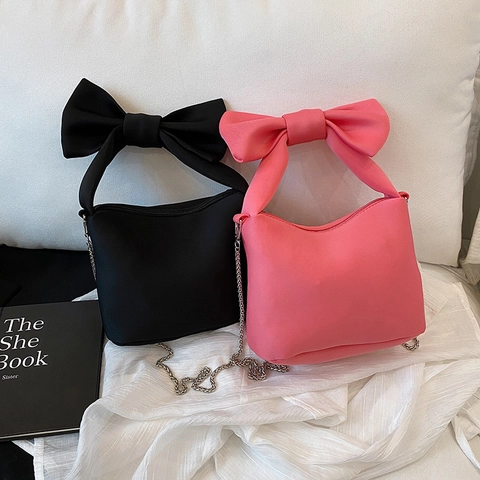 Mini Shoulder Bag PU Leather Large Bowknot Fashion Elegant Handbag For Women Metal Chain Strap Solid Color