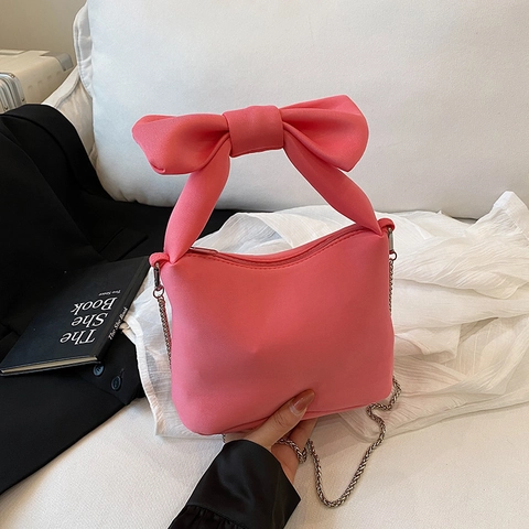 Mini Shoulder Bag PU Leather Large Bowknot Fashion Elegant Handbag For Women Metal Chain Strap Solid Color