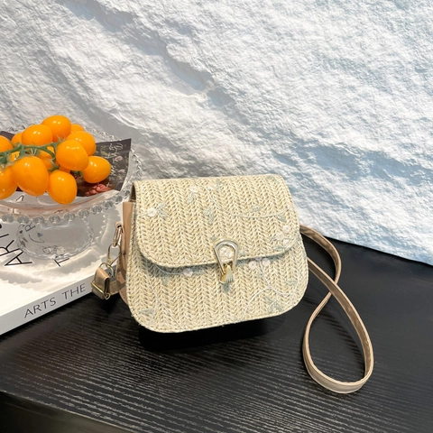 Women Straw Woven Crossbody Bag With Floral Embroidery Gold Metal Lock PU Leather Strap Small Square Shoulder Bag Summer