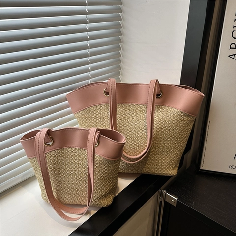 Sac Fourre-tout en Paille Tissée pour Femmes Grande Capacité Sac à Épaule de Plage d'Été avec Garniture en Cuir PU Contrasté