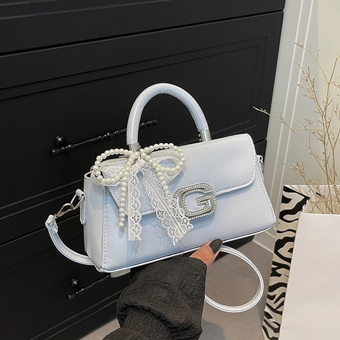 Women's Sweet PU Leather Crossbody Bag Fashion Bowknot Handbag With Pearl Lace Ribbon Rhinestone Metal G Buckle Square Purse