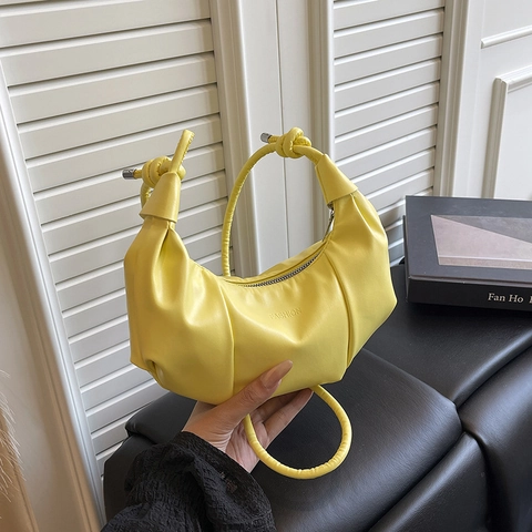 Fashion Women Pleated Hobo Shoulder Bag Soft PU Leather Underarm Bag Casual Daily Use Solid Color Bag With Knot Detail
