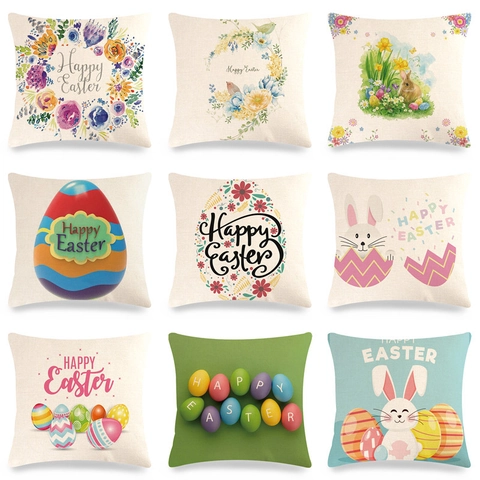 Housse de Coussin en Lin de Pâques Motif Lapin Fleur Œuf Taie d'Oreiller Carrée Décorative Pour Canapé Salon Maison