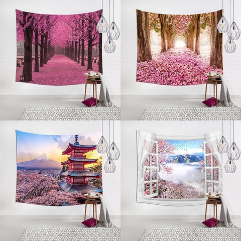 Tapiz De Pared Estilo Japonés Poliéster Piel De Melocotón Paisaje Cerezos Monte Fuji Para Decoración Salón Dormitorio