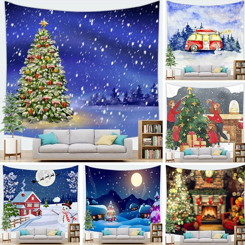 Christmas Tree Tapestry Wall Hanging Polyester Winter Snow Scene Background Cloth For Home Living Room Bedroom Festive Decoration